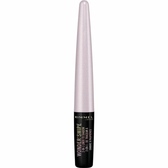Witte kegelvormige applicator van Rimmel London Wonder Swipe met een zwarte basis. Tekst: "WONDER SWIPE 2-IN-1 LINER TO SHADOW" en "RIMMEL LONDON".