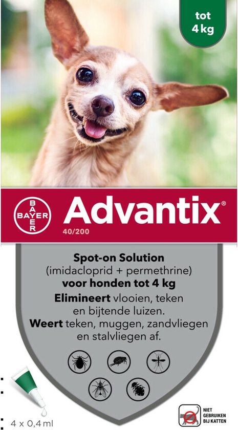 Advantix Spot On 40 Anti Vlooien en Teken Druppels Hond tot 4 kg 4 pipetten