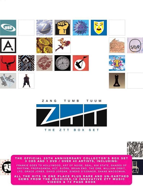 Zang Tumb Tuum ZTT Box Set logo met blauwe en zwarte vlakken, en roze tekst informatie over de set.
