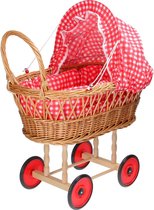 Rieten poppenwagen met Poppenbedje en opvouwbare kap