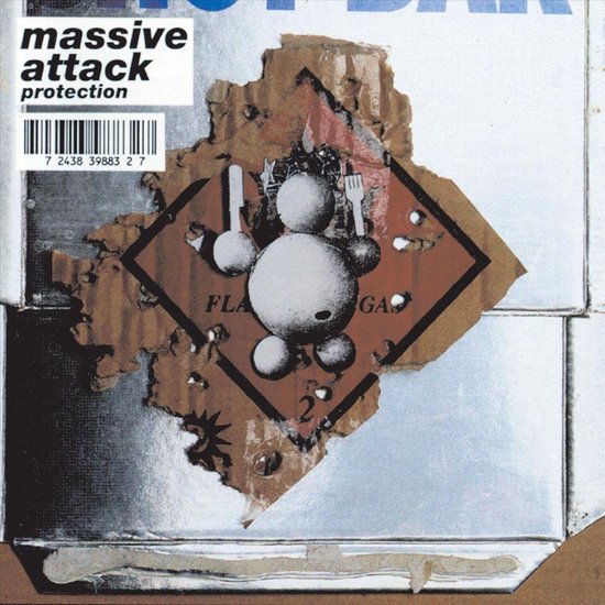 Massive Attack - Protection albumhoes met zwart-wit poppetje en sticker.