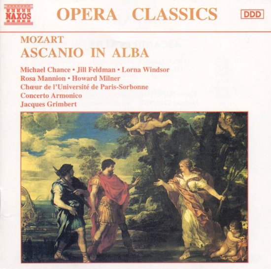 Mozart: Ascanio in Alba cd hoes met schilderij van drie figuren in klassieke kledij onder een boom.