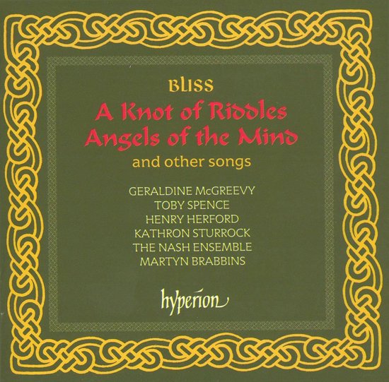 Albumhoes met groen en goudkleurig Keltisch knoopwerk. Titel "A Knot of Riddles Angels of the Mind" in rode letters.