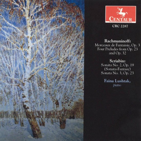 CD hoes met winterse bosgezicht met berkenbomen, bedekt met sneeuw. Rechts de tekst: Rachmaninoff, Scriabin, Faina Lushtak.