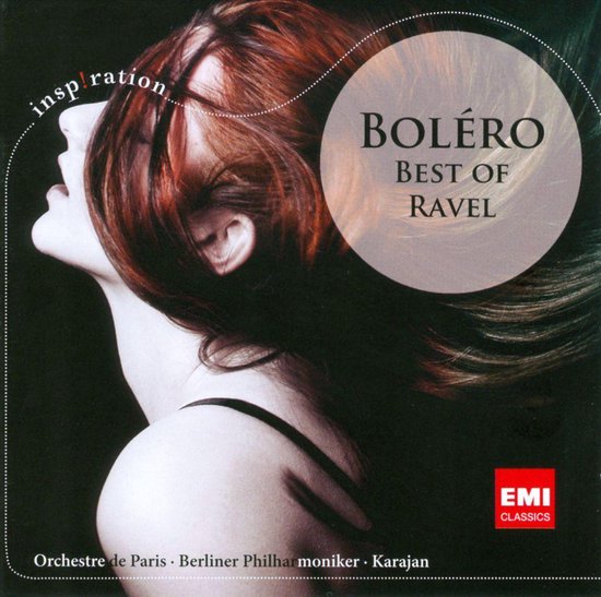 Albumhoes met profiel van een vrouw, haar wapperend. Titel: Boléro, Best of Ravel. EMI Classics.