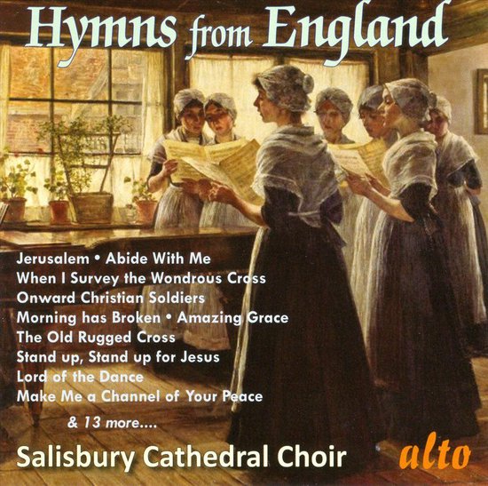 Een groep vrouwen in klederdracht zingt uit bladmuziek, met de titel 'Hymns from England' en 'Salisbury Cathedral Choir'.