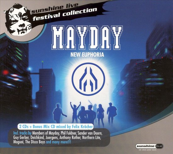 Mayday: New Euphoria festival collectie albumhoes met groepen mensen en stad op de achtergrond.