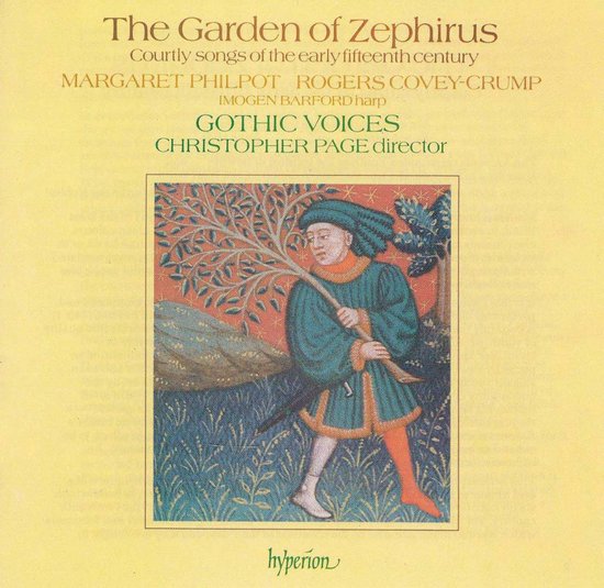 Boekhoes "The Garden of Zephirus", met een middeleeuwse illustratie van een man in een groen gewaad met een tak in zijn hand.
