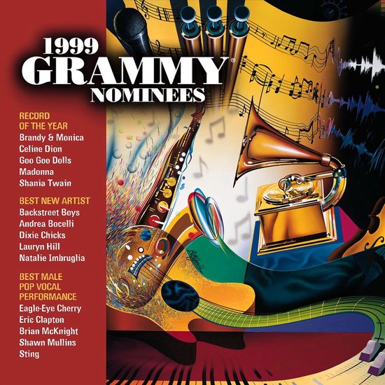 1999 Grammy Nominees albumcover met muzieknoten, een microfoon, een trompet en een gitaar.