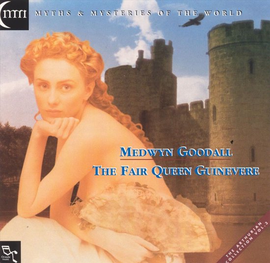 Een vrouw met rood haar, afgebeeld met een waaier, met op de achtergrond een kasteel. Titel: Medwyn Goodall - The Fair Queen Guinevere.