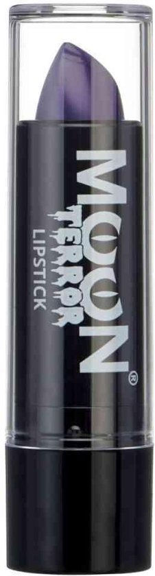 Paarse Moon Terror lippenstift in zwarte huls met doorzichtige dop.
