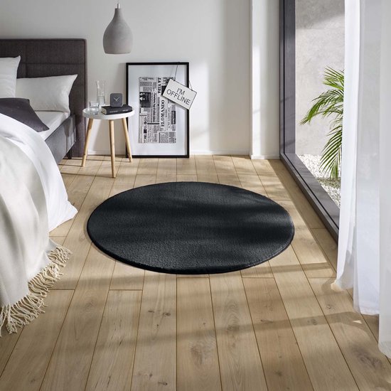 Zacht rond vloerkleed Loft - zwart - wasbaar 30°C 120 cm rond