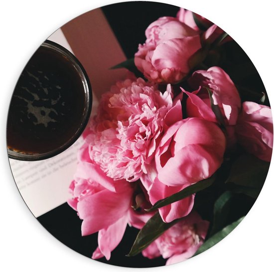 Dibond Wandcirkel - Roze Bos Bloemen met Koffie  - 90x90cm Foto op Aluminium Wandcirkel (met ophangsysteem)