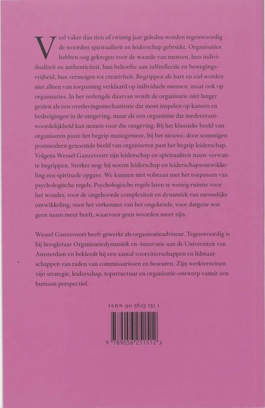 Achterkant van een boek met roze kaft en zwarte tekst, inclusief ISBN 90 5625 151 1.