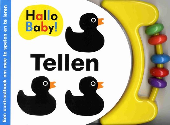 Boekomslag "Hallo Baby! Tellen". Zwarte badeenden, tekst en een gele spiraal met gekleurde kralen.