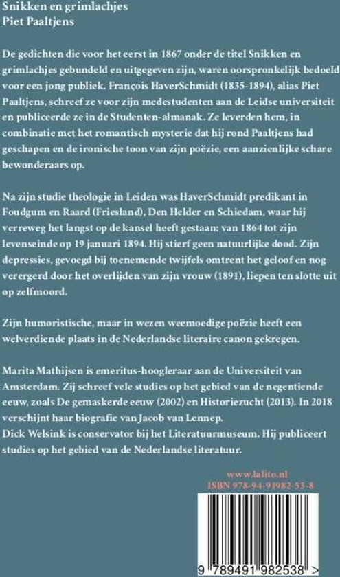 Achterkant van het boek 'Snikken en grimlachjes' van Piet Paaltjens met tekst over de auteur en het boek, en ISBN.