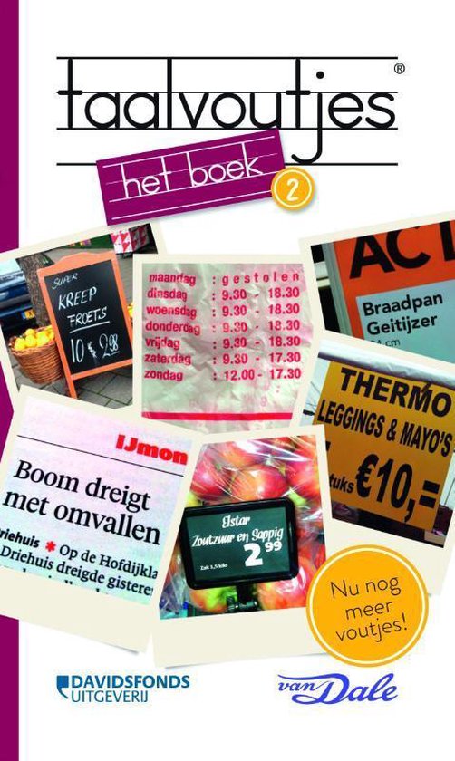 Cover van Taalvoutjes 2 met een collage van grappige taalfouten op winkelborden en krantenkoppen.