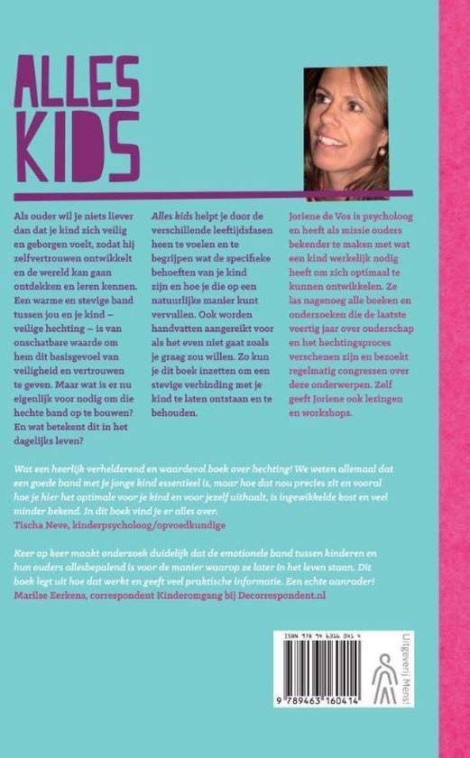Achterkant boek 'Alles kids' met tekst en een foto van Joriene de Vos.