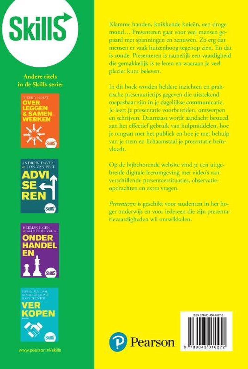 Achterkant van het boek "Presenteren" met tekst in het geel en zwart op een gele en groene achtergrond. Links staan titels van andere boeken in de serie.