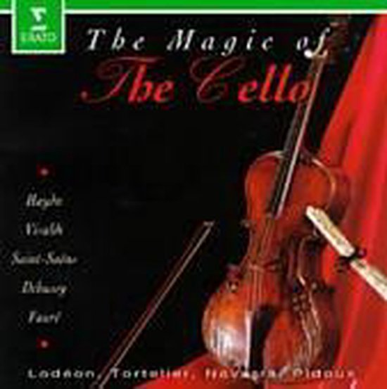 CD-hoes met de titel "The Magic of The Cello". Een viool met strijkstok ligt op een rode doek.
