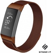 Milanees Smartwatch bandje - Geschikt voor  Fitbit Charge 3 Milanese band - bruin - Maat: S - Strap-it Horlogeband / Polsband / Armband