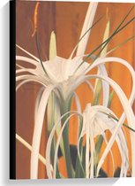 Canvas  - Witte Bloem met Grote Bladeren met Oranje Achtergrond - 40x60cm Foto op Canvas Schilderij (Wanddecoratie op Canvas)