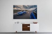 Schilderij - Blue sport cars racing on the highway — 90x60 cm