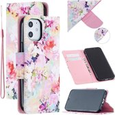 iPhone 12 mini - Flip hoes, cover, case - TPU - PU Leder - bloemen gekleurd