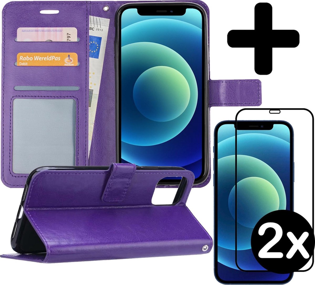 Hoesje - Met 2x Screenprotector - Geschikt voor Apple iPhone 12 - Luxe Pasjeshouder - Flip Case - Bookcase Portemonee - Kunstleer Book Case - Flipcase Hoes - Book Cover - Walletcase - Portemonneehoes - Telefoonhoes - Paars