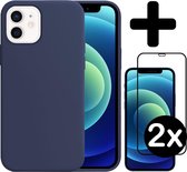 Hoes voor iPhone 12 Mini Hoesje Siliconen Case Met 2x Screenprotector Full Cover 3D Tempered Glass - Hoes voor iPhone 12 Mini Hoes Cover Met 2x 3D Screenprotector - Donker Blauw