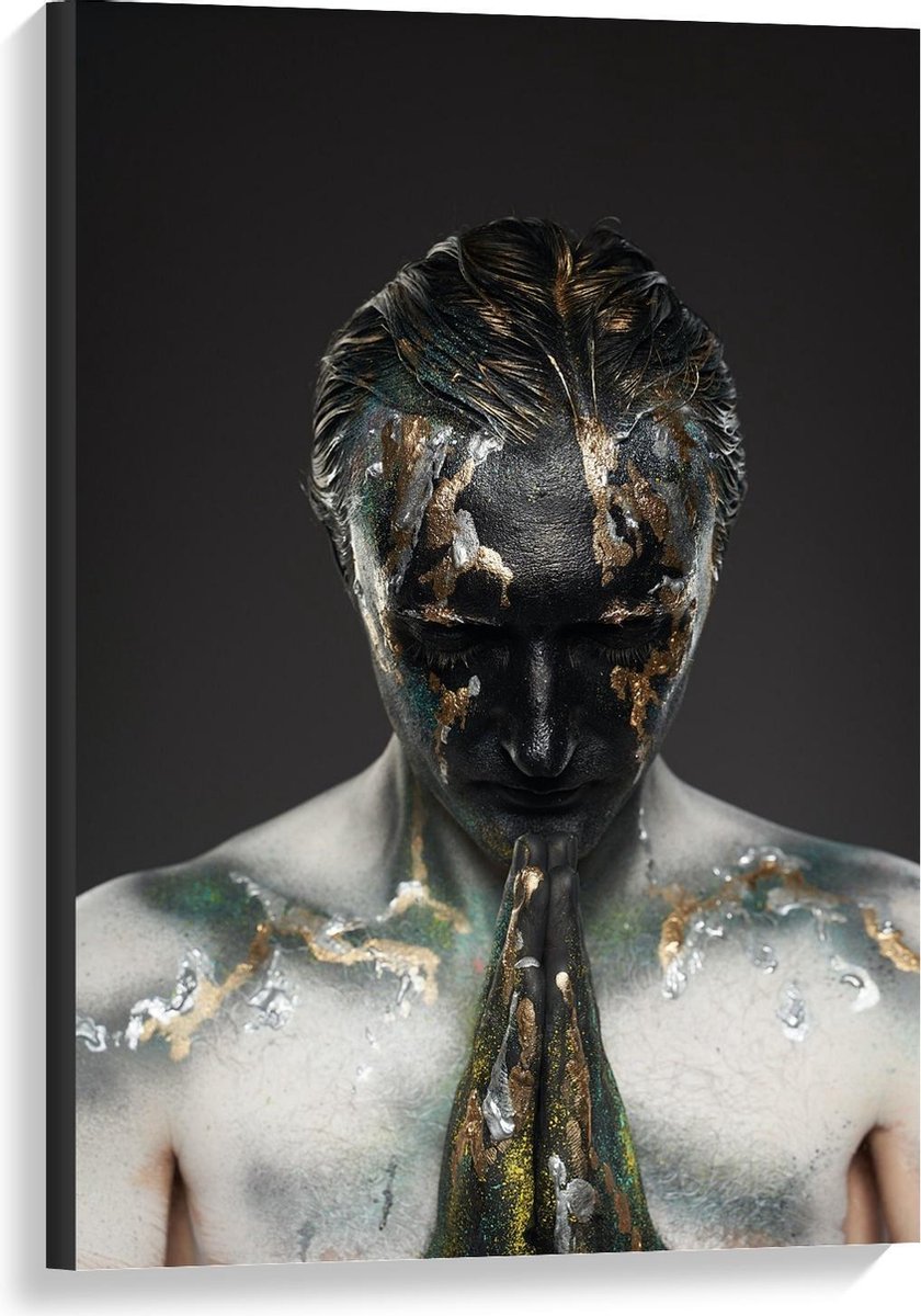 Canvas - Biddende Man van Glitter - 60x90cm Foto op Canvas Schilderij (Wanddecoratie op Canvas)