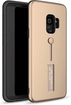 LitaLife Samsung Galaxy S9 Plus Goud achterkant hoesje - Hoesje met kickstand en vinger lus strap -  Back Cover hoesje met standaard - softtouch - Shockproof Armor hoesje - Schokbe