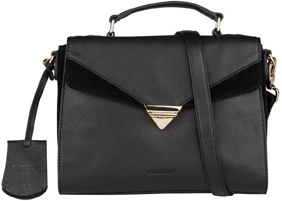 Zwarte Burkely citybag met een suède flap, gouden sluiting en een afneembaar hangertje.