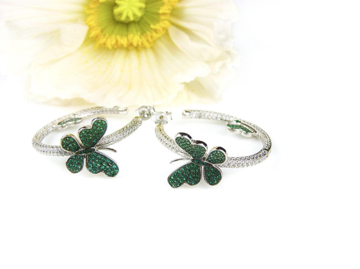 Zilveren oorringen oorbellen Vlinder gezet met groene en witte cubic zirconia