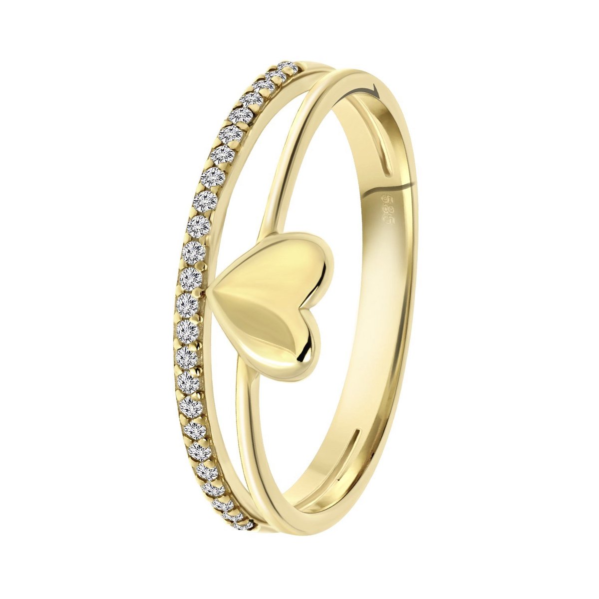 Lucardi Dames Dubbele ring hart en zirkonia - Ring - Cadeau - 14 Karaat Goud - Geelgoud