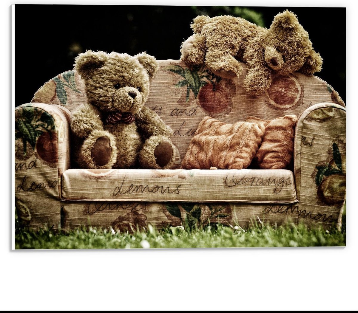 Forex - Knuffelberen op een Bank - 40x30cm Foto op Forex