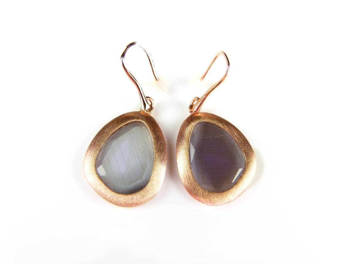 Zilveren oorringen oorbellen roos goud verguld Model Playfull Colors gezet met grijze steen