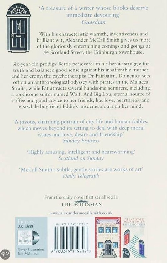 Achterkant van het boek 'Love Over Scotland' met recensies, ISBN en een illustratie van deuren.