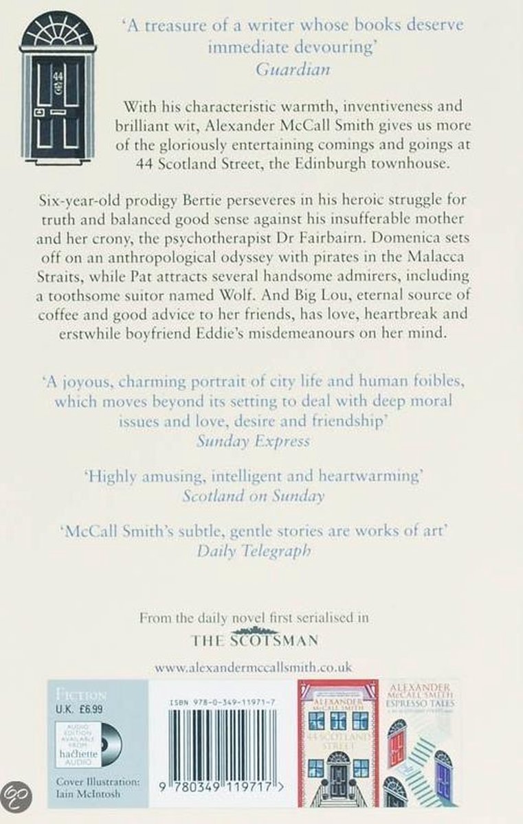 Achterkant van het boek 'Love Over Scotland' met recensies, ISBN en een illustratie van deuren.