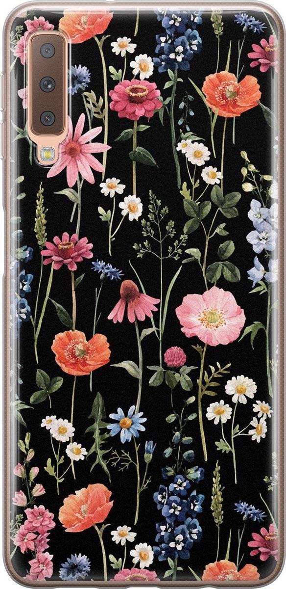 Samsung Galaxy A7 2018 hoesje siliconen - Dark flowers - Soft Case Telefoonhoesje - Bloemen - Zwart