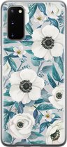 Samsung Galaxy S20 hoesje siliconen - Witte bloemen - Soft Case Telefoonhoesje - Bloemen - Blauw