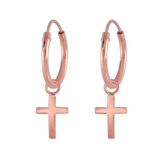 Boucles d'oreilles femmes | Boucle d'oreille / créoles avec pendentif | Créoles plaquées or rose avec pendentif, croix | WeLoveSilver