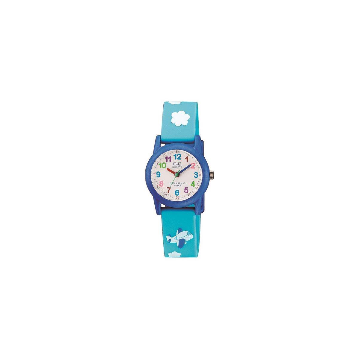 QQ VR99J005Y - Horloge - Sport - Analoog - Kinderen - Unisex - Plastic band - Rond - Kunststof - Cijfers - Vliegtuig - Wolken - Donkerblauw - Groen - Wit - Multi - 10 ATM