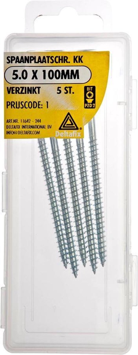 Spaanplaatschroeven. 5.0 x 100mm. lang. Platkop. Kruiskop- Pozidrive-2. Verzinkt. 5 stuks Houtschroeven. Deltafix.