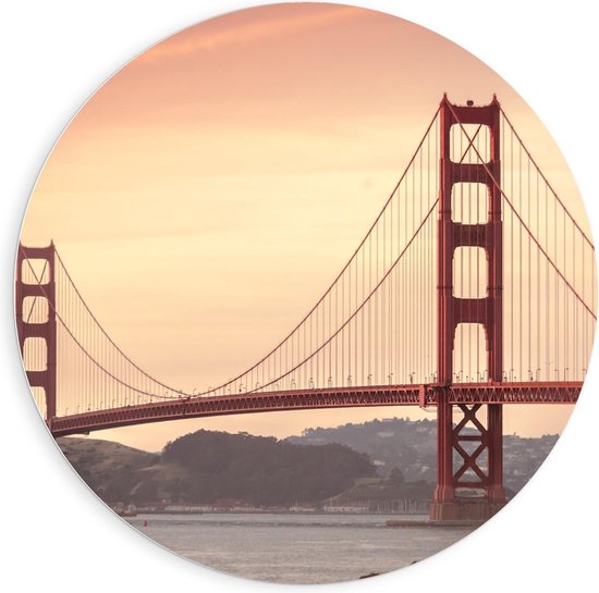 Forex Wandcirkel - Golden Gate Bridge - California - 90x90cm Foto op Wandcirkel (met ophangsysteem)