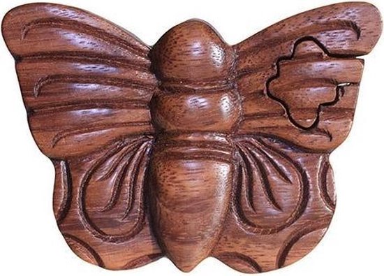 Bali Houten Puzzel Doos  - Vlinder - Handgemaakt - Woondecoratie - Opbergdoosje - 6.5x2.5cm