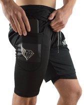 MVLOUS Sportbroek voor Heren - kort - Fitness broek met mobiel zak - 2 in 1 Sportbroekje - Zwart - M