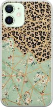 iPhone 12 mini hoesje siliconen - Luipaard bloemen print - Soft Case Telefoonhoesje - Luipaardprint - Transparant, Groen