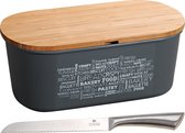 Boîte à pain grise avec couvercle de planche à découper en bambou et couteau à pain inox 18 x 34 x 14 cm - Plateau de rangement du pain avec couteau dentelé - Planches à Planches à découper