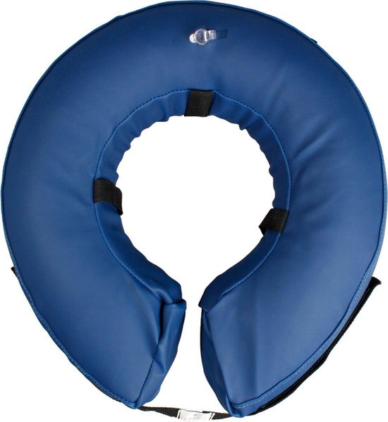 Collier gonflable bleu marine pour animaux, vue de côté.
